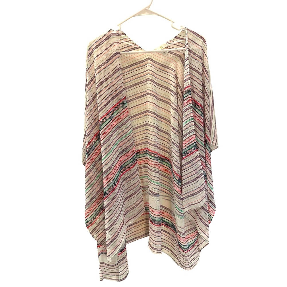 Cato Women White Striped Geometric Kimono Wrap Sheer Cover Up One Size MAS180691